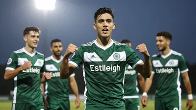 Photorealistic image of an Eastleigh player in a dark green and white kit, celebrating a goal with teammates in the...
