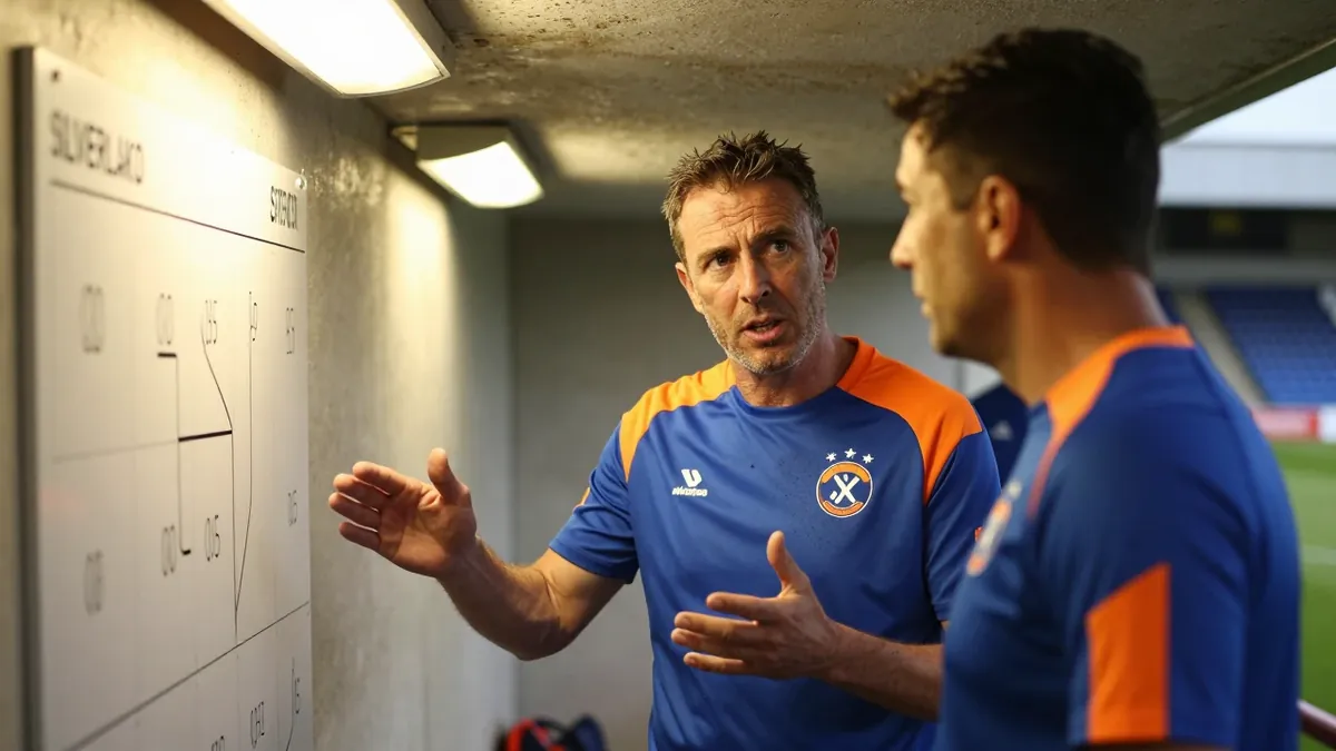 A 35-year-old Eastleigh coach, wearing a plain blue and orange polyester training top, stands in the tunnel at Silverlake...