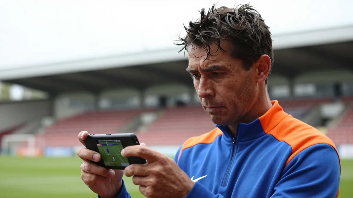 A close-up shot of a 35-year-old Eastleigh assistant coach, dressed in a plain blue and orange polyester training top...
