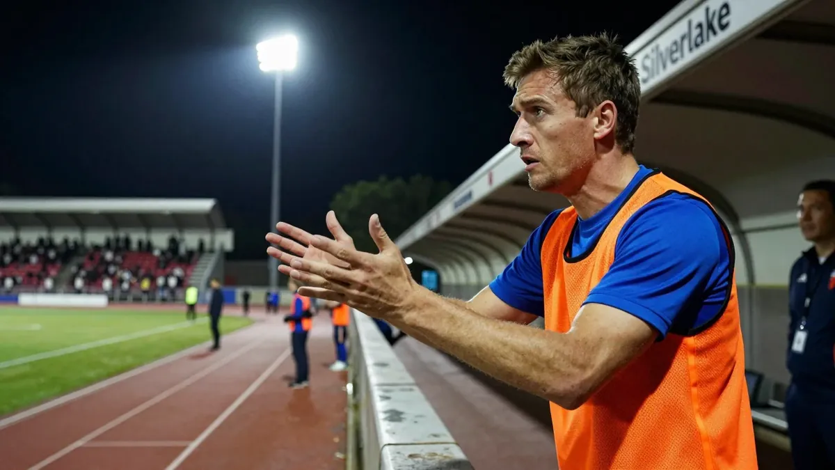 A 35mm f/2.8 lens captures a tight, waist-up shot of a 30-year-old Eastleigh coach, dressed in a plain blue and orange...
