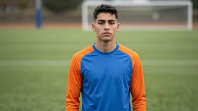 Mid-20s anonymous midfielder, athletic build, waist-up, face sharp and expressive, wearing a plain blue shirt with orange...